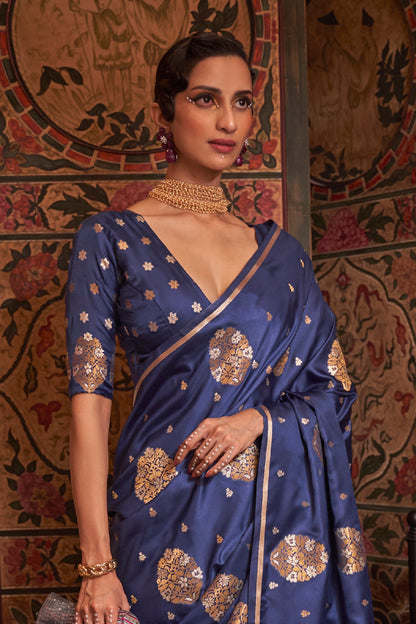 Deep Blue Pure Satin Weaving Silk Saree with Dual Zari Butti