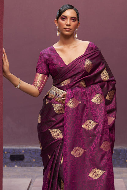 Wine Purple Kanjivaram Style Woven Silk Saree