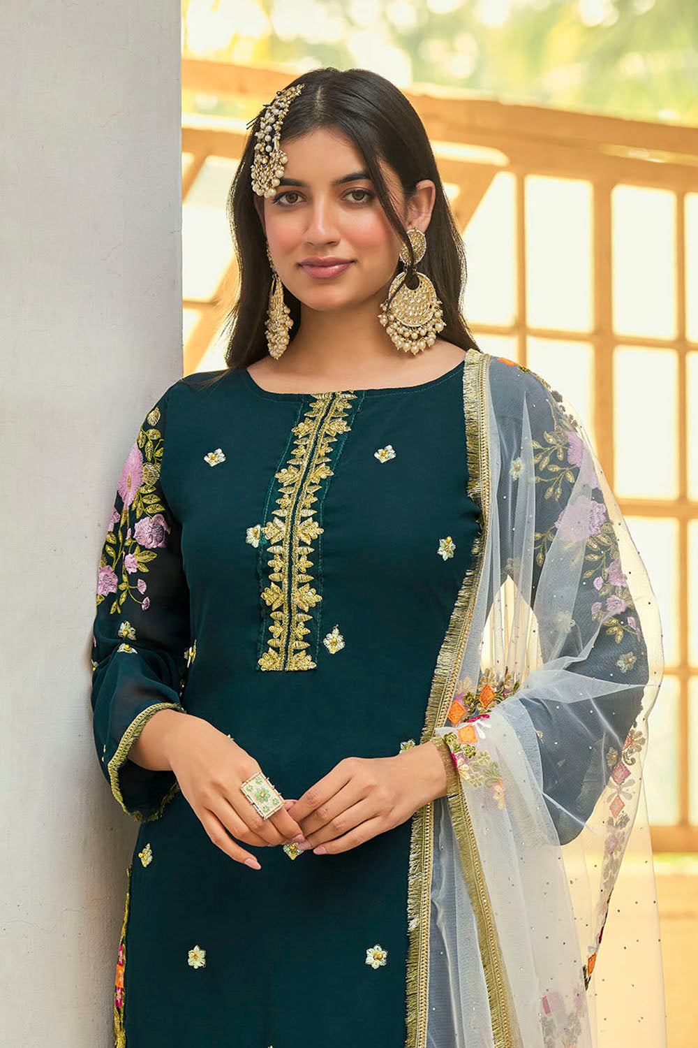 Dark Green Lucknowi Inspired Salwar Suit with Dupatta