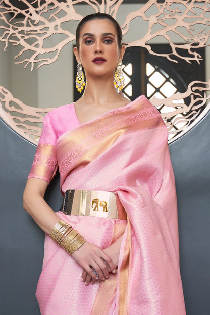 Lemonade Pink Golden Kanjivaram Silk Saree with Antique Finish & Glossy Texture