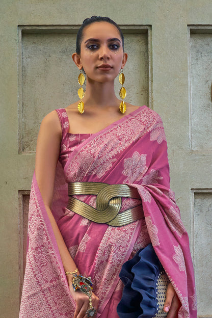 French Pink Lucknowi Chikenkari Threadwork Saree with Beautiful Blouse