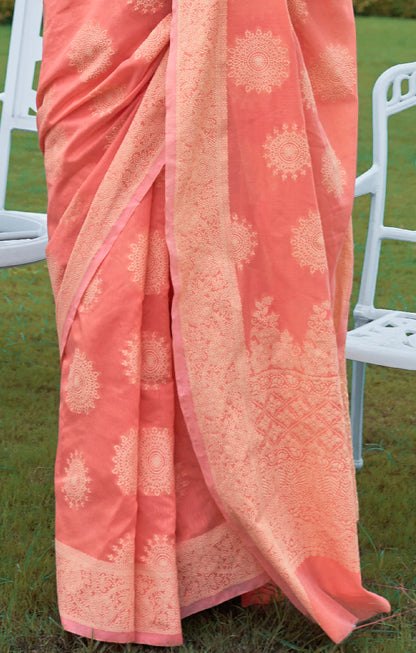 Pumpkin Orange Woven Chikankari Saree with Intricate Design