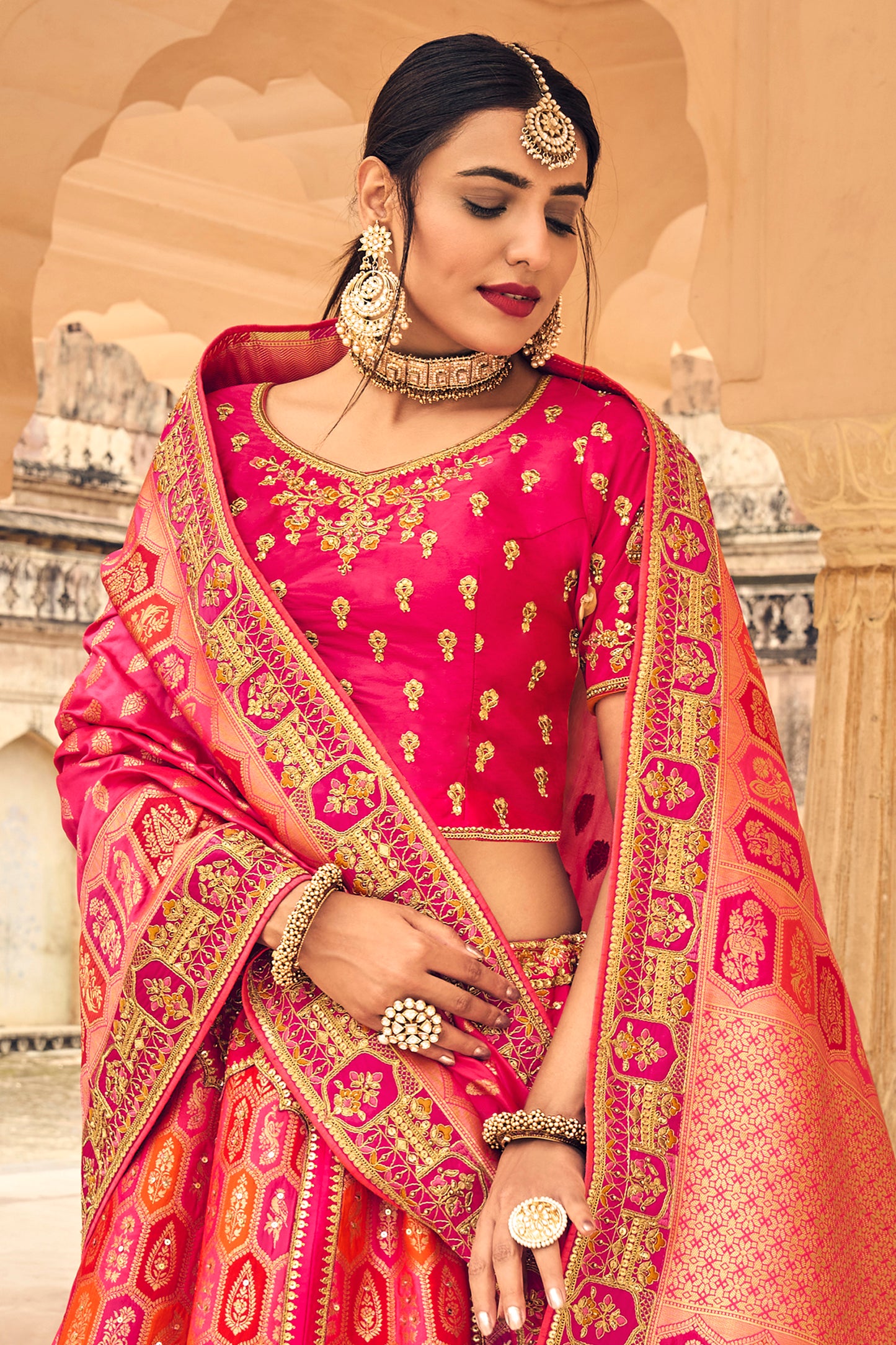 Red & Pink Stunning Crushed Silk Lahenga Choli