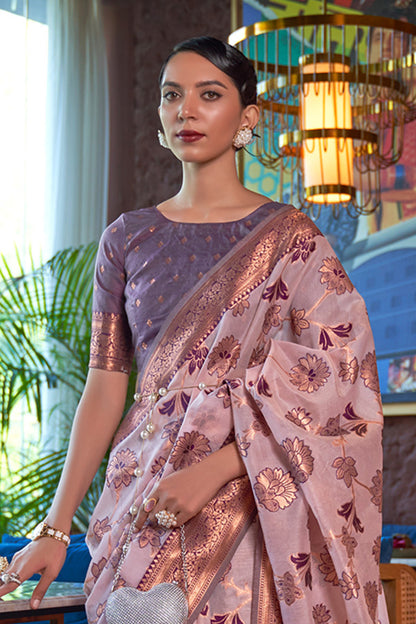 African Purple Copper Zari Woven Floral Soft Organza Saree