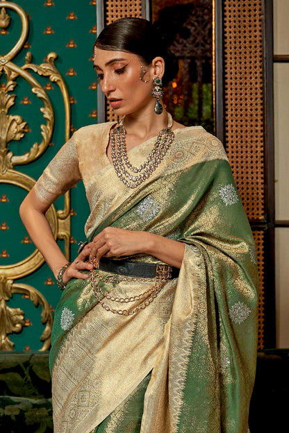 Green Shimmer Silk Kanjivaram Style Saree with White Border