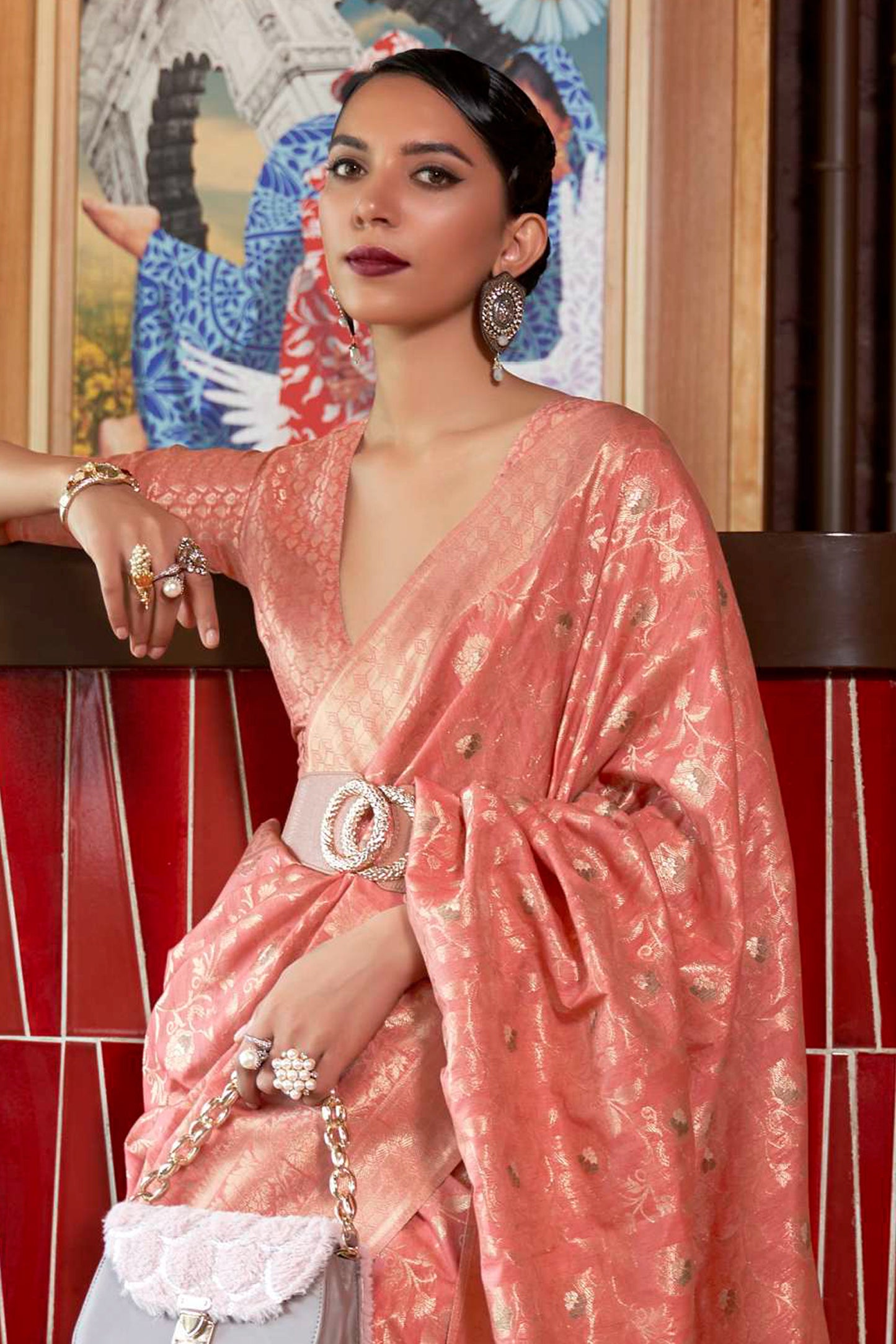 Muted Coral Woven Banarasi Jungla Jaal Soft Silk Saree