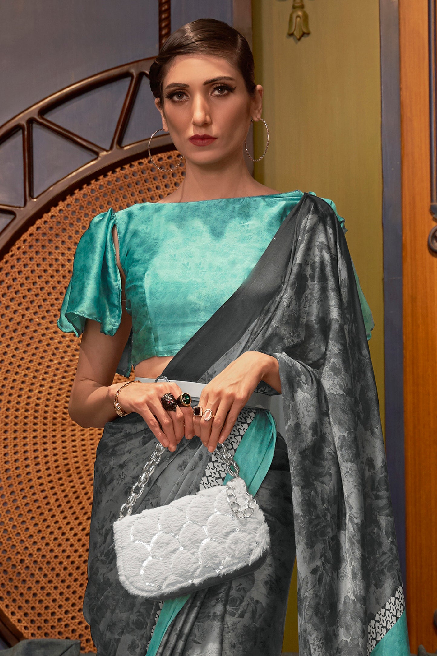 Grey Designer 3d Printed Soft Satin Silk Saree with Blouse