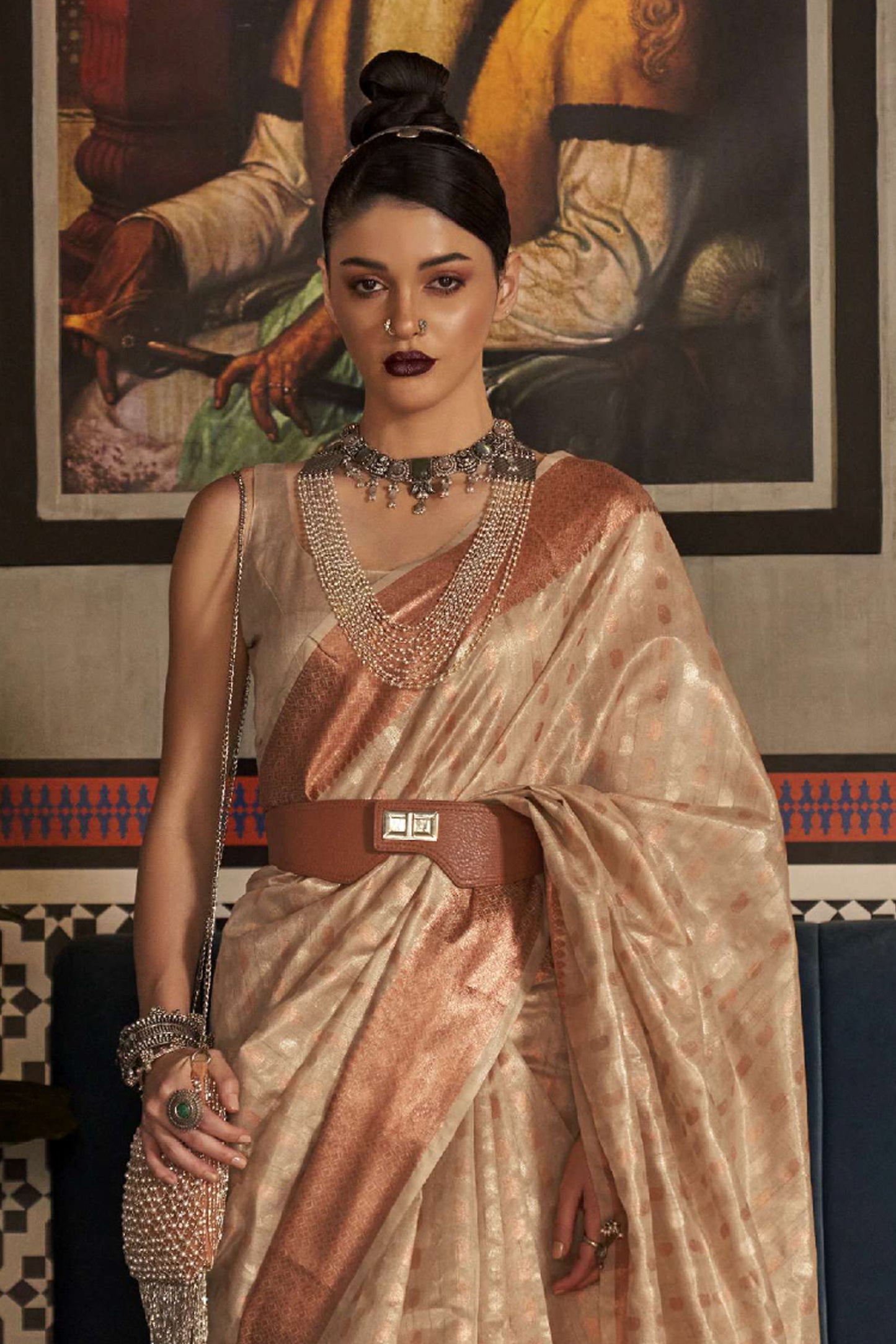 Ivory Golden Zari Woven Soft Banarasi Organza Saree