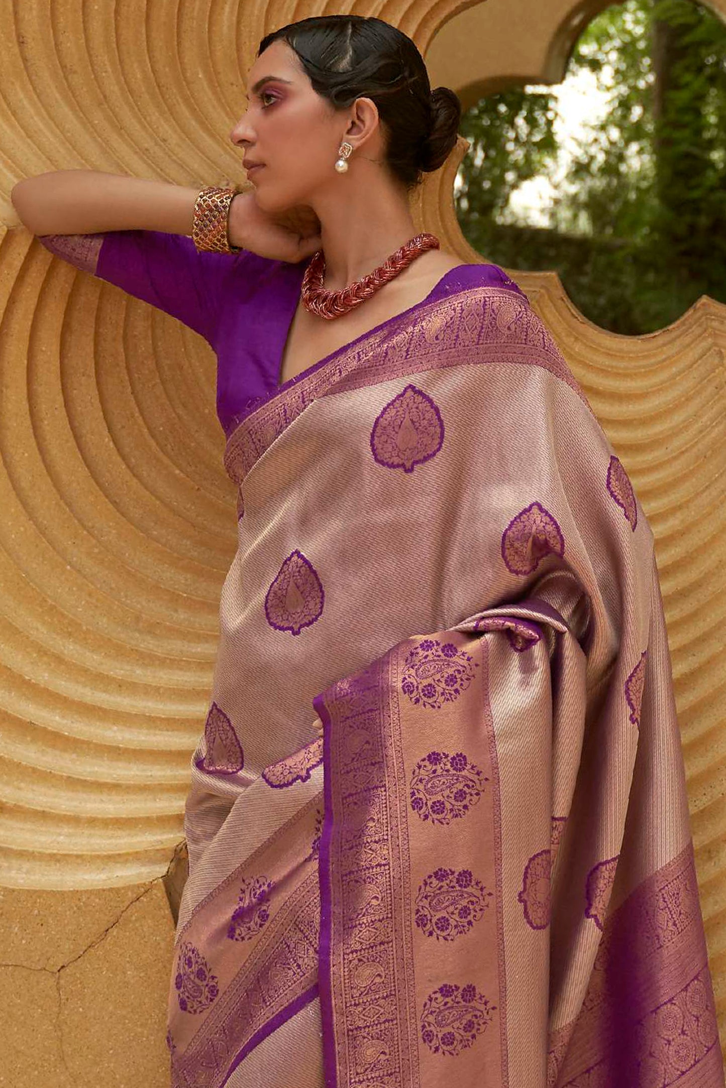 Midnight Purple and Copper Designer Kanjivaram Silk Saree with Antique Finish