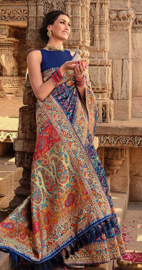 Navy Blue Kashmiri Inspired Kani Weaving Saree with Golden Paisly Border