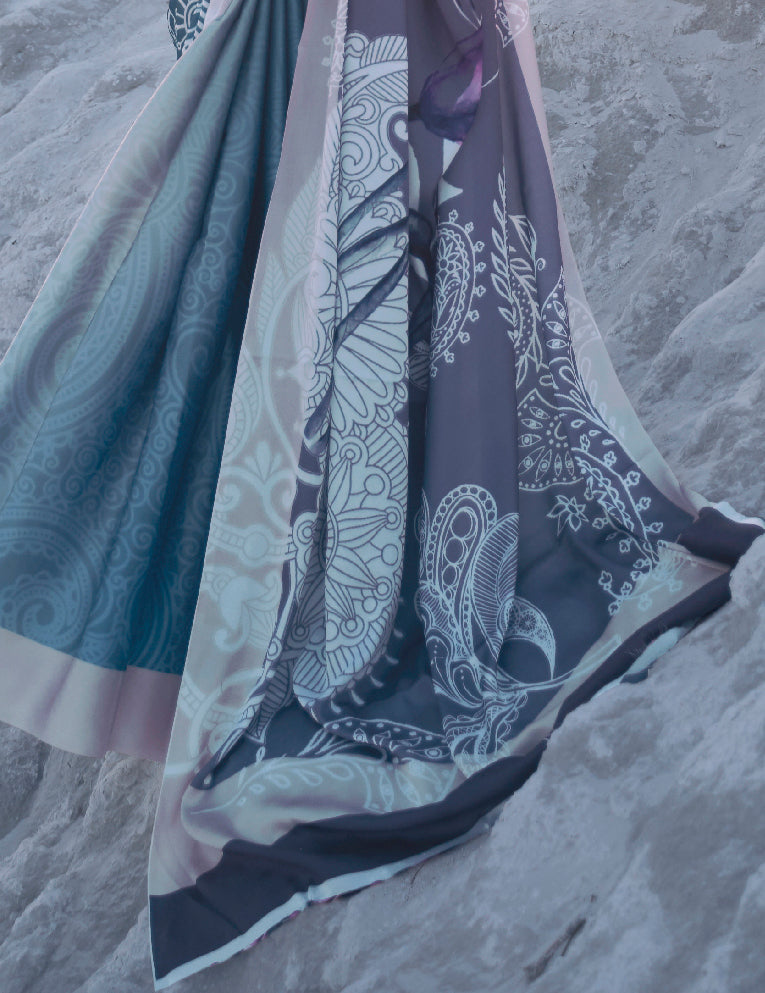 Grey Ombre Degital Designer Printed Satin Saree