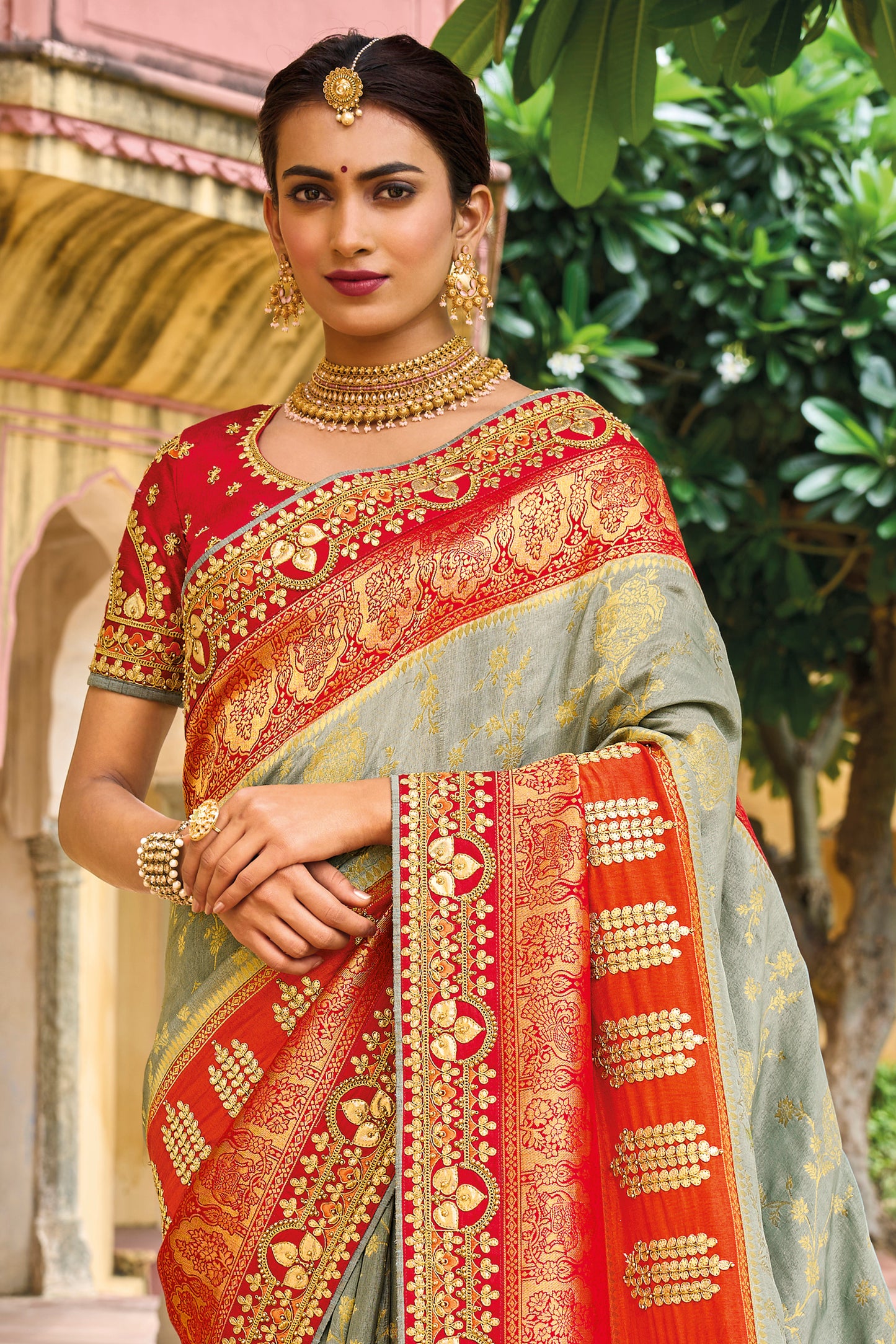 Grey Red  Dola Silk Big Bordered Designer Saree with Embroidered Blouse