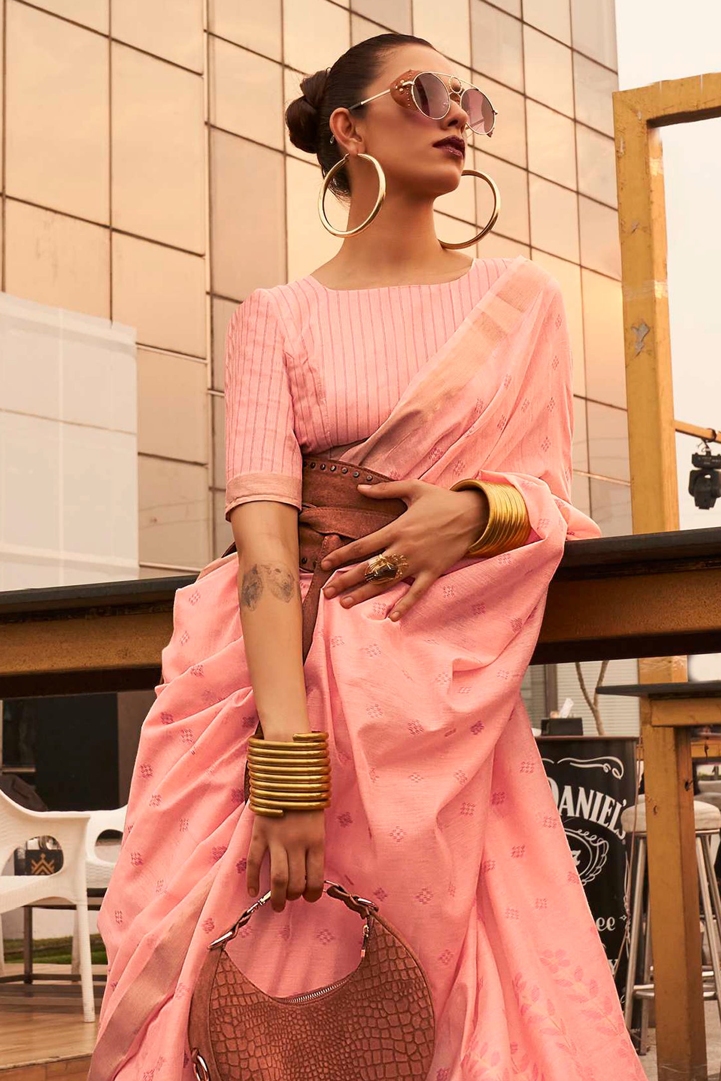 Peach Pink linen Inspired Designer Saree