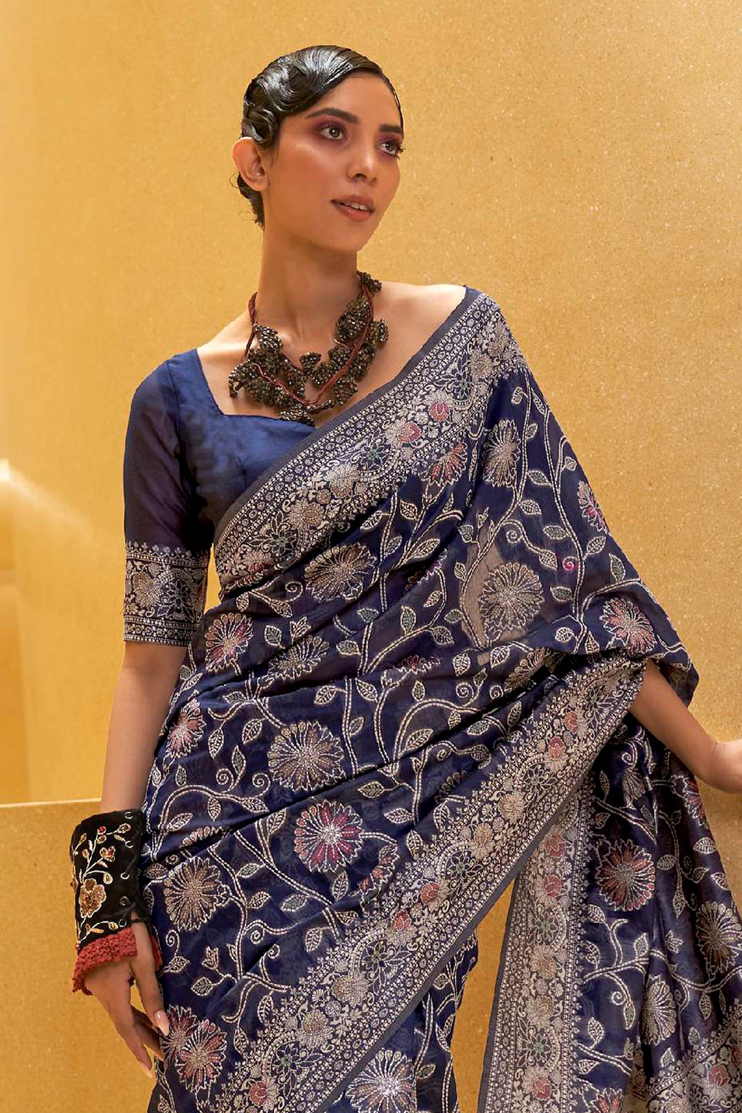 Woven Chikankari Saree with Imperial Blue Meenakari Zari Weaving