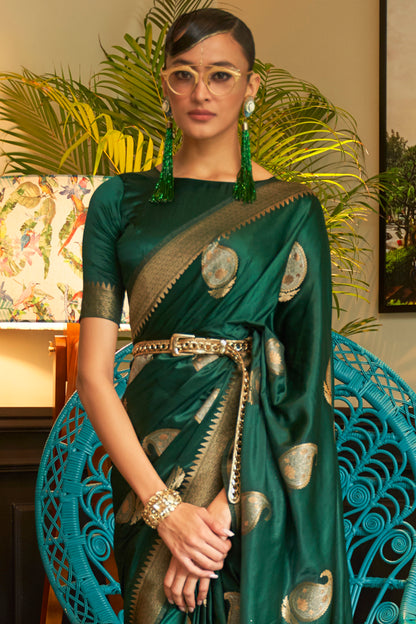 Sacramanto Green Pure Satin Two Tone Weaving Silk Saree For Wedding