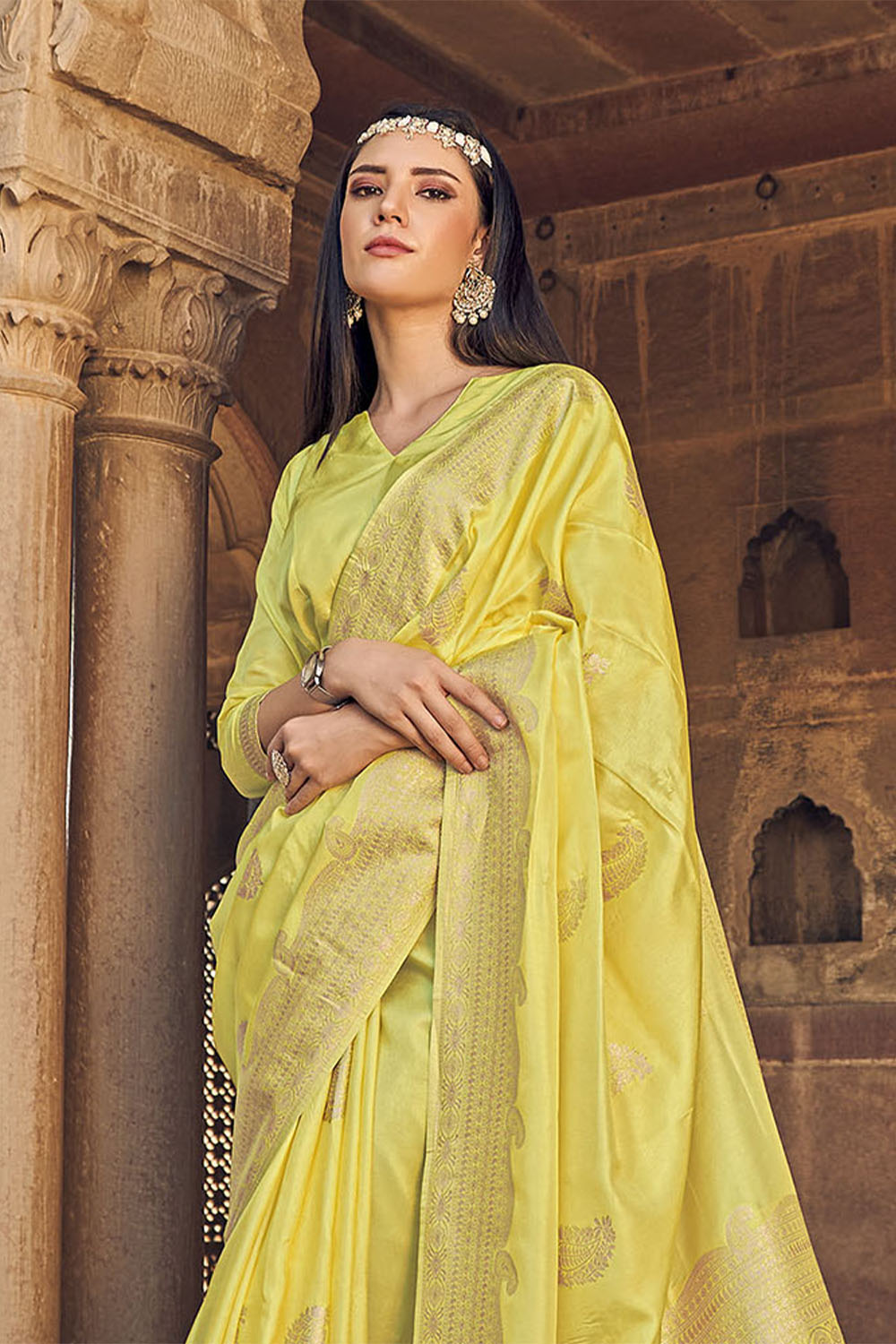 Lemon Yellow Woven Banarasi Skirt Border Saree with Zari Weaving