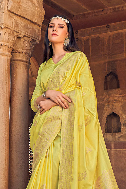 Lemon Yellow Woven Banarasi Skirt Border Saree with Zari Weaving