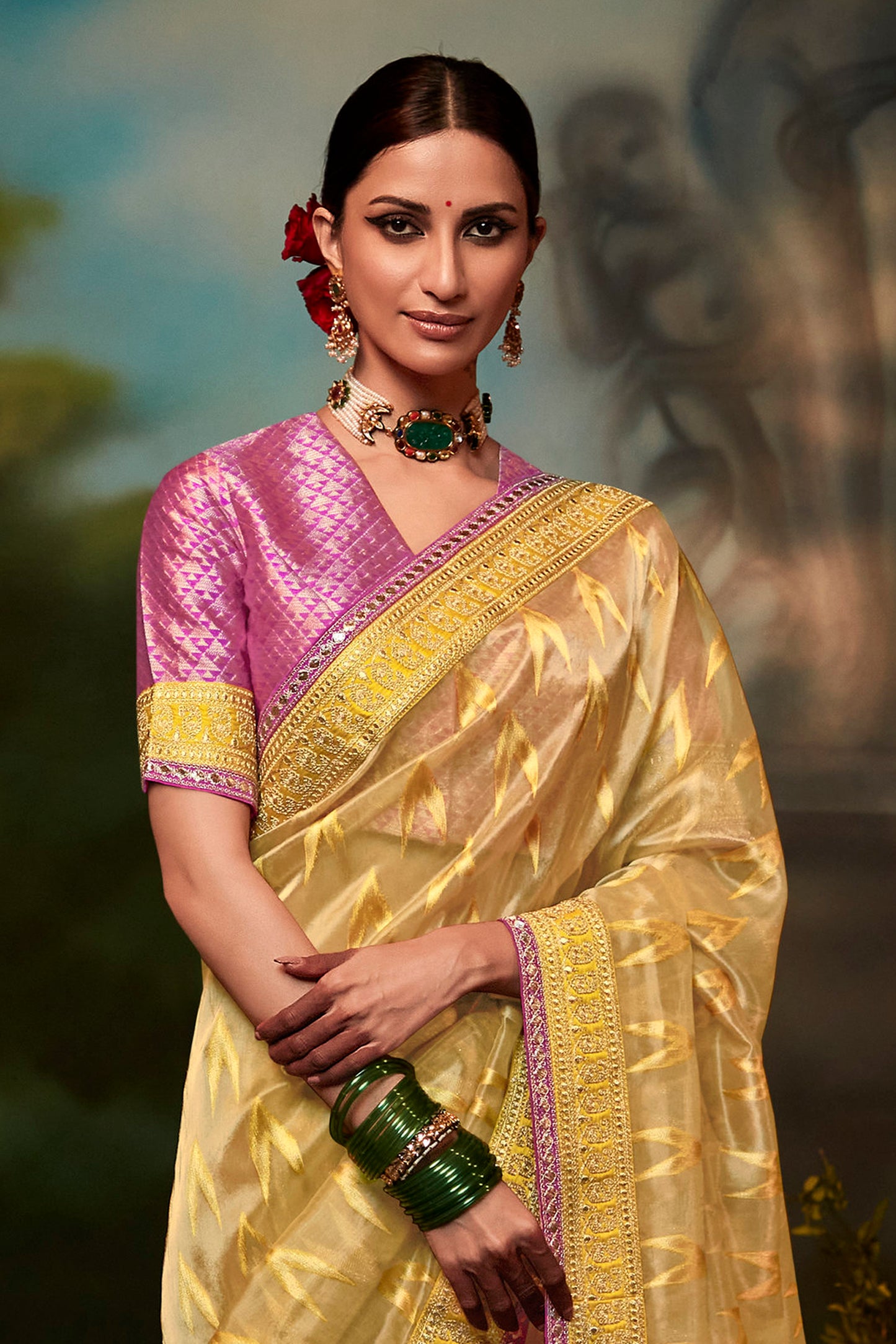 Golden Feather Light Organza Saree with Designer Blouse