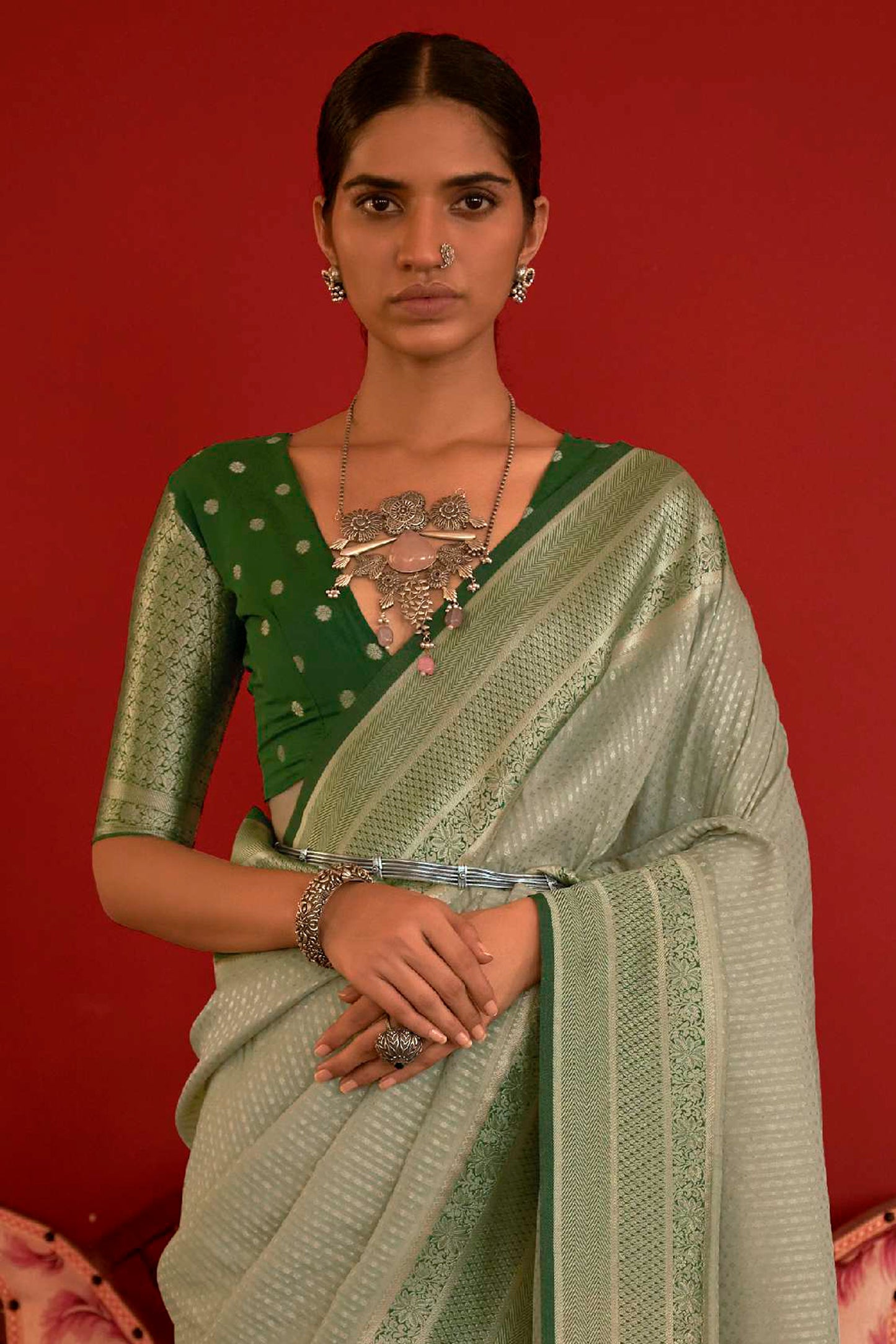 Pale Green Soft Kanjivaram Silk Saree with Dark Green Pattu Border