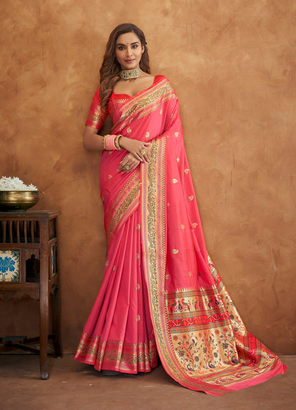 Serene Peach Woven Paithani Soft Silk Saree for Weddings