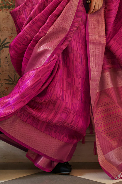 Magenta Pink Tussar Woven Designer Silk Saree for Weddings