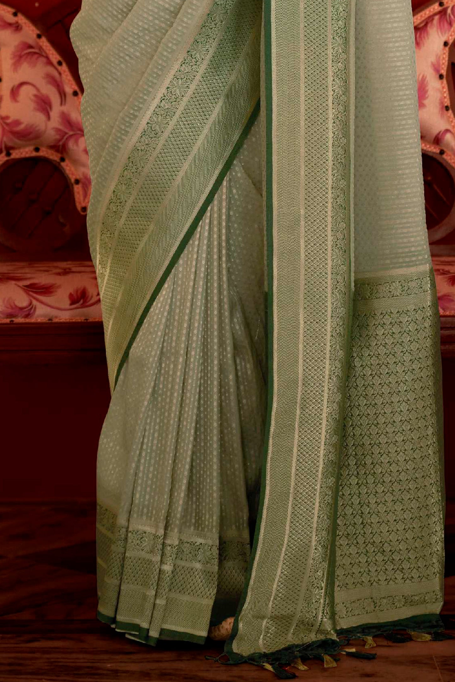 Pale Green Soft Kanjivaram Silk Saree with Dark Green Pattu Border