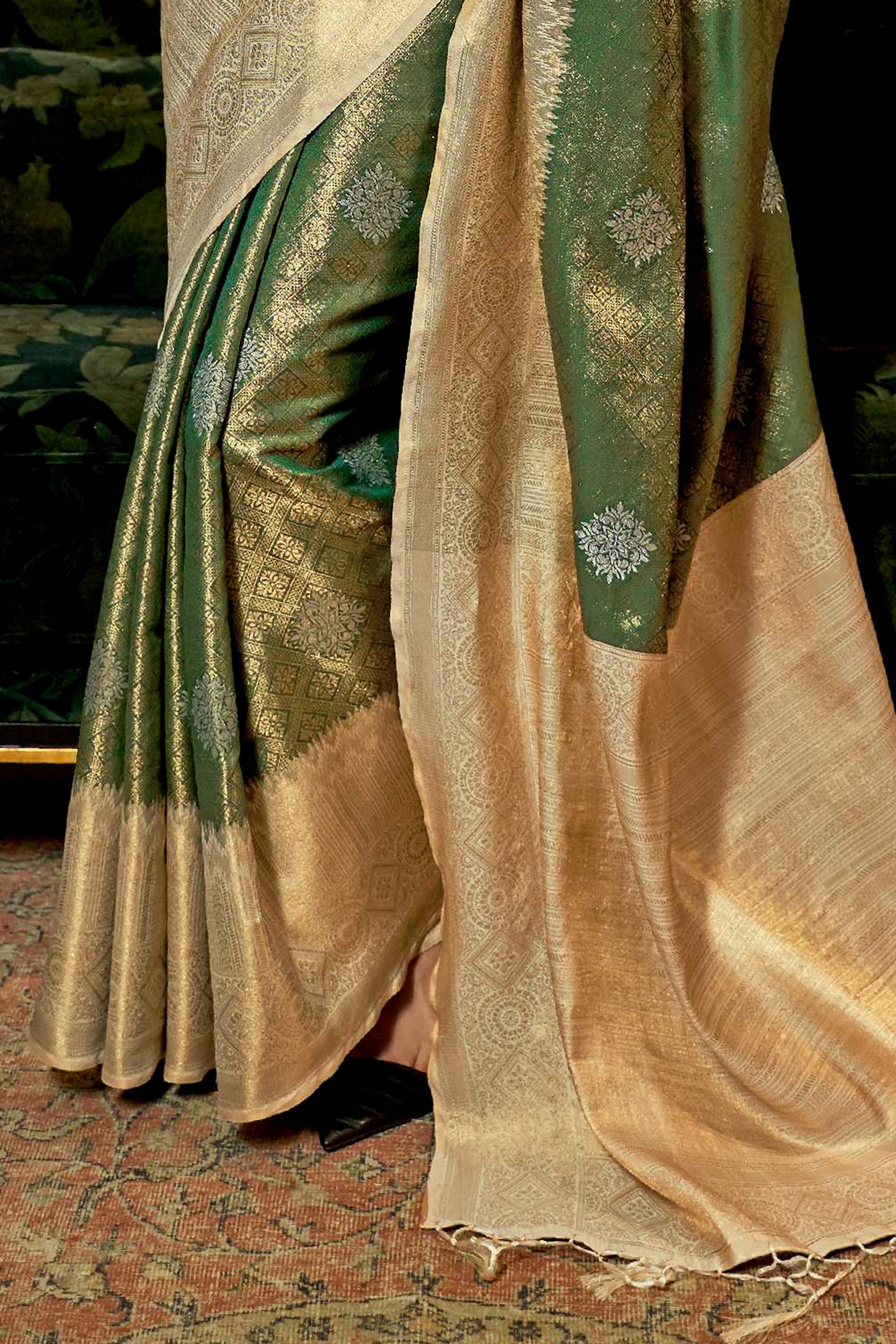 Green Shimmer Silk Kanjivaram Style Saree with White Border