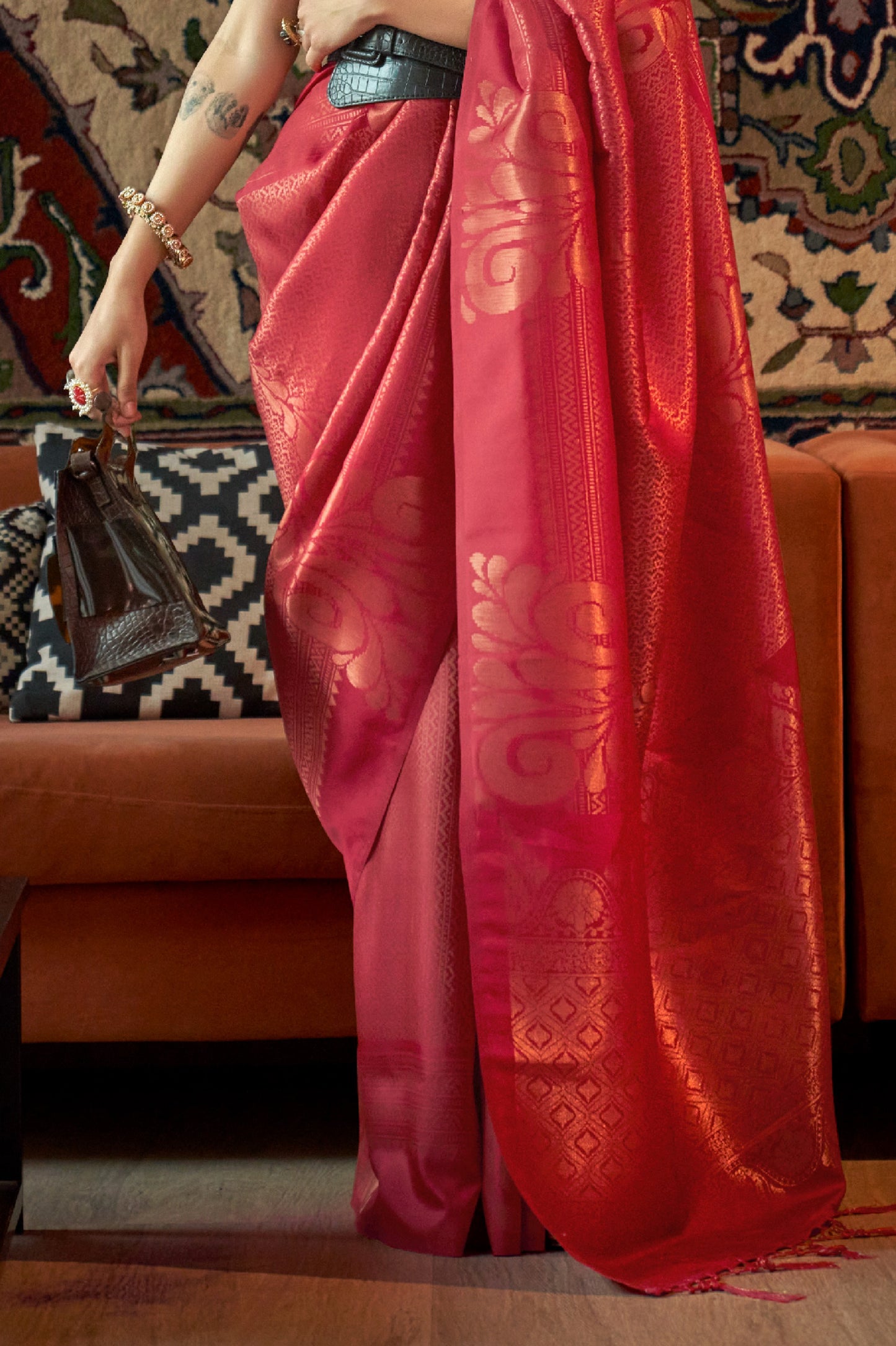 Rose Red Copper Zari Woven Soft Silk Saree