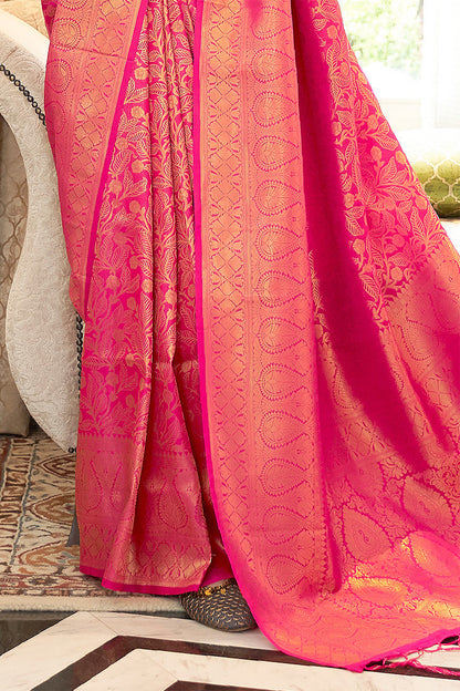 Hot Pink Woven Brocade Kanjivaram Saree with Peacock Border
