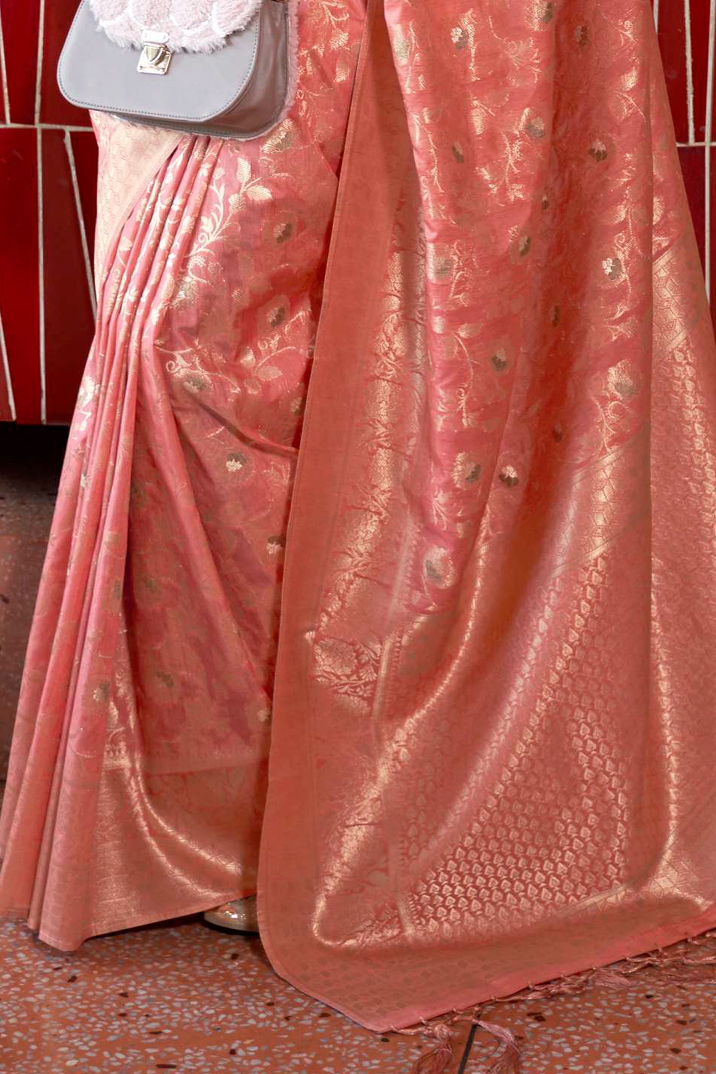 Muted Coral Woven Banarasi Jungla Jaal Soft Silk Saree