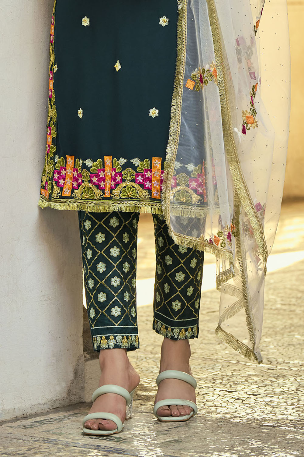 Dark Green Lucknowi Inspired Salwar Suit with Dupatta