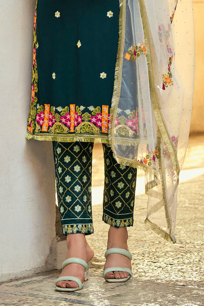 Dark Green Lucknowi Inspired Salwar Suit with Dupatta