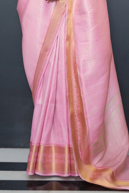 Lemonade Pink Golden Kanjivaram Silk Saree with Antique Finish & Glossy Texture