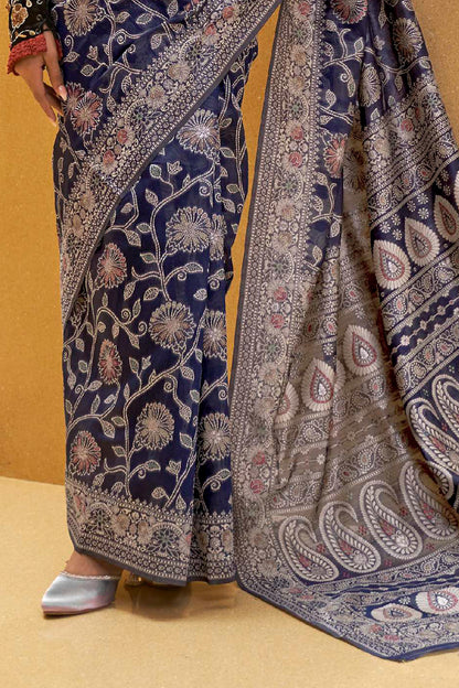 Woven Chikankari Saree with Imperial Blue Meenakari Zari Weaving