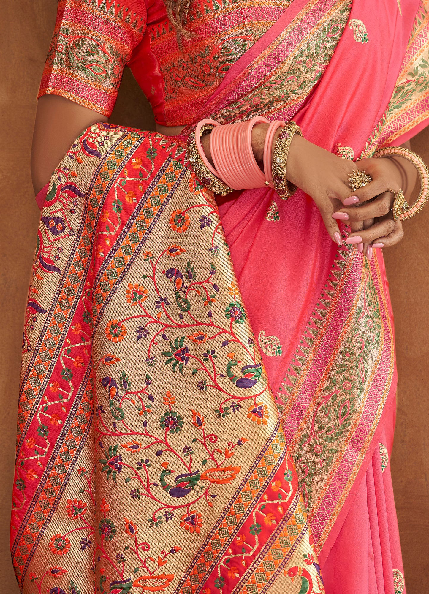 Serene Peach Woven Paithani Soft Silk Saree for Weddings