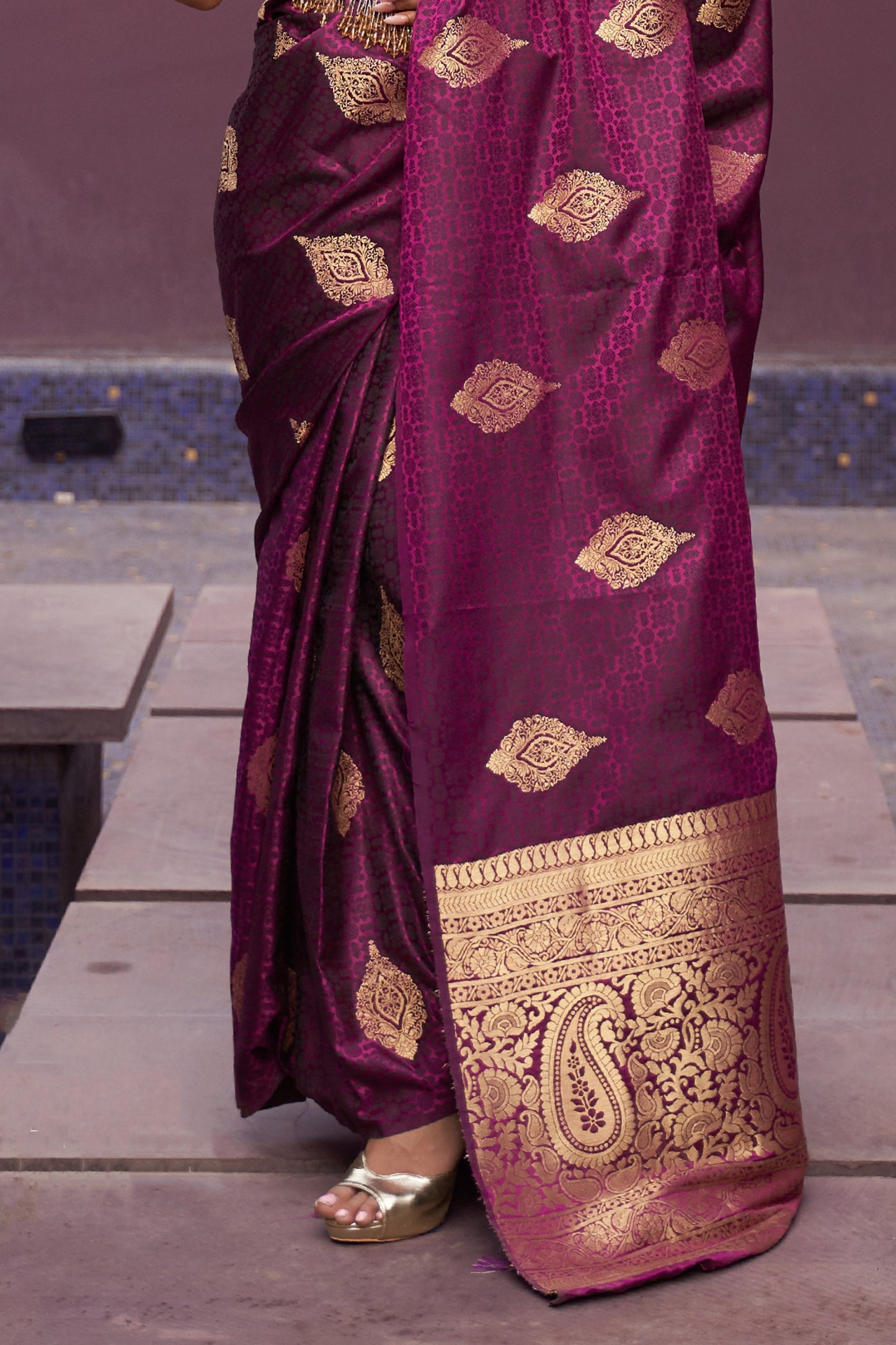 Wine Purple Kanjivaram Style Woven Silk Saree