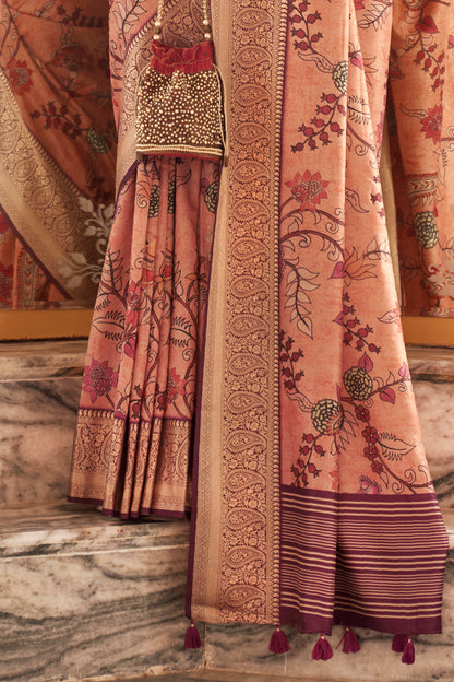 Rouge Pink Pen Kalamkari Printed Silk Saree with Woven Kanchi Pallu