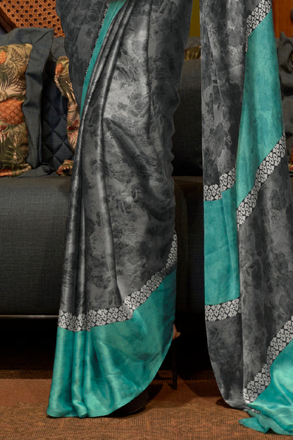 Grey Designer 3d Printed Soft Satin Silk Saree with Blouse