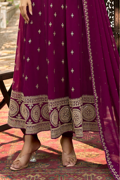 Beetroot Pink Embroidered Partywear Gown Suit with Dupatta