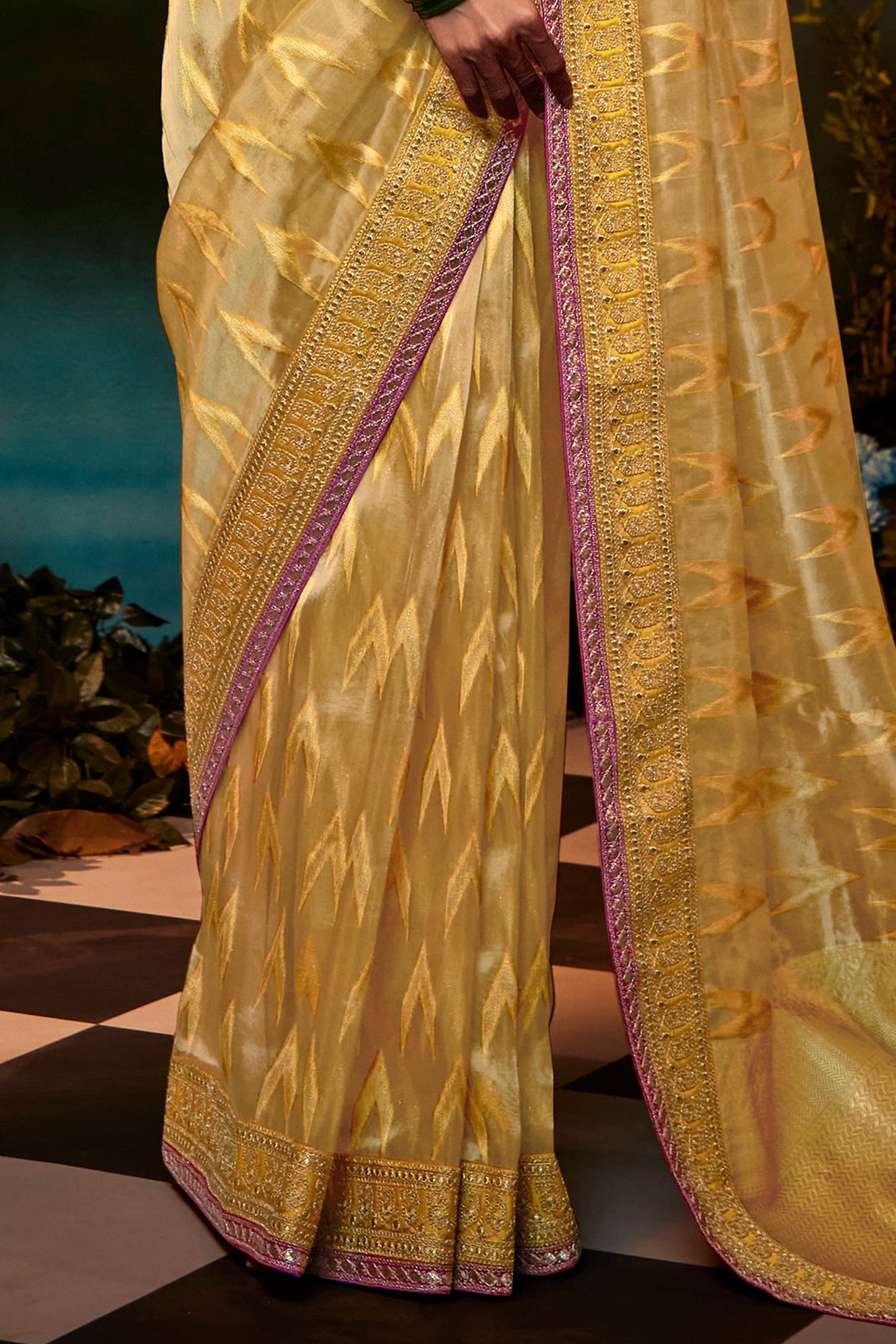 Golden Feather Light Organza Saree with Designer Blouse