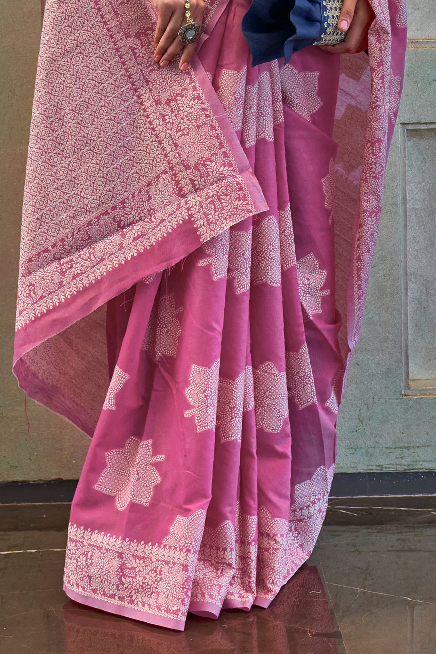 French Pink Lucknowi Chikenkari Threadwork Saree with Beautiful Blouse