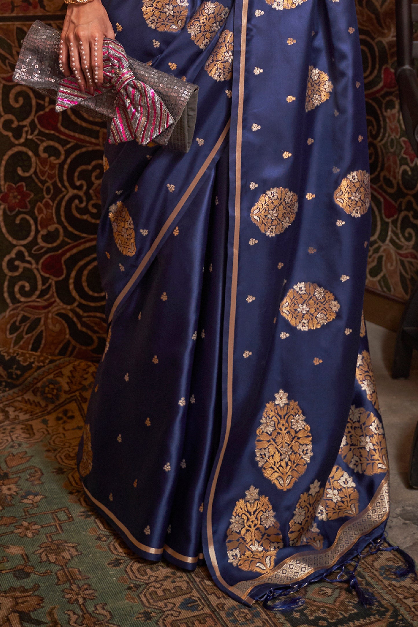 Deep Blue Pure Satin Weaving Silk Saree with Dual Zari Butti