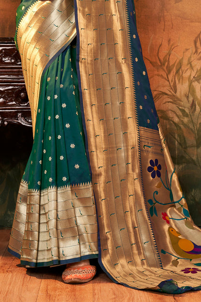 Hunter Green Banarasi Paithani Saree with Parrot Pallu and Broad Zari Border