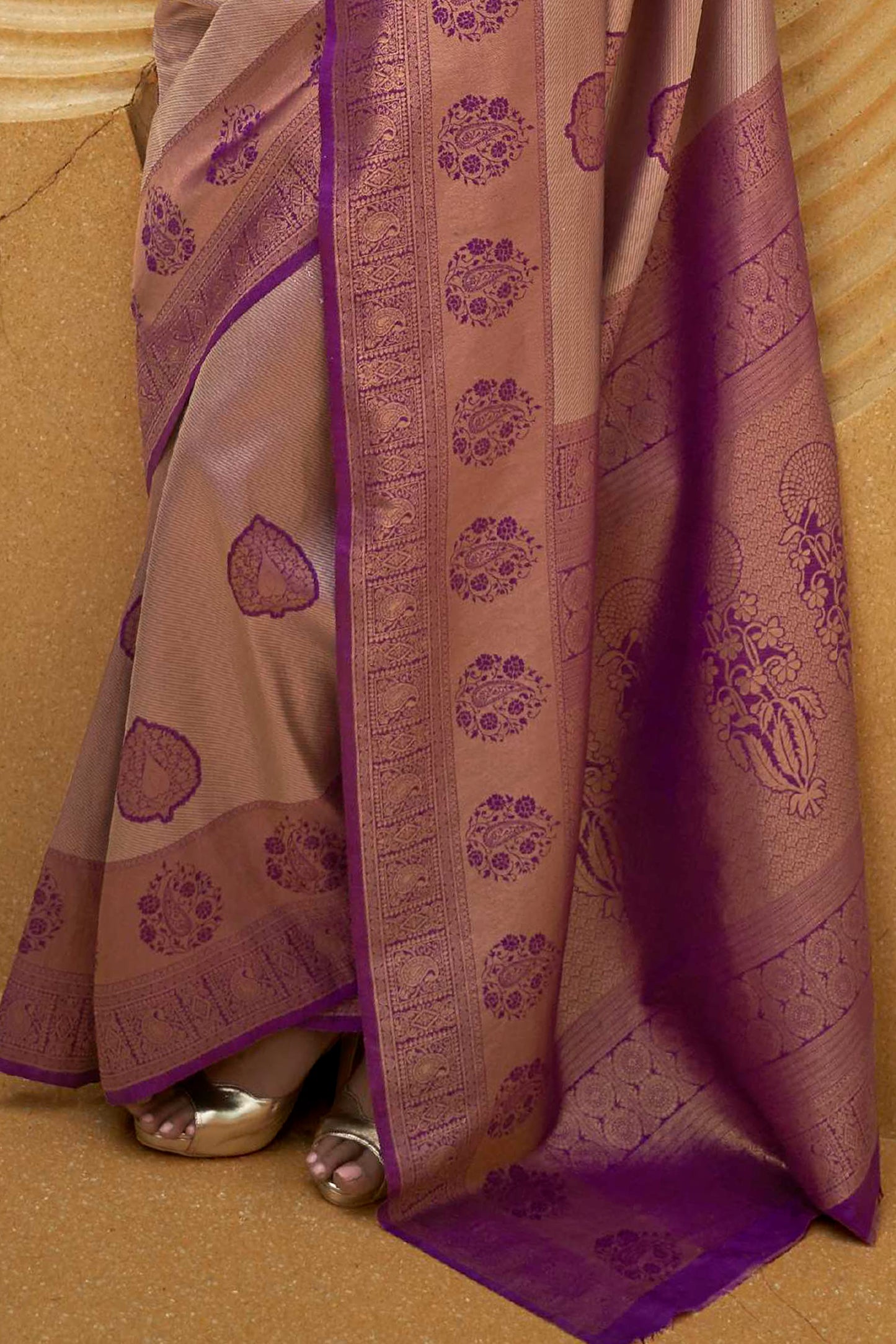 Midnight Purple and Copper Designer Kanjivaram Silk Saree with Antique Finish