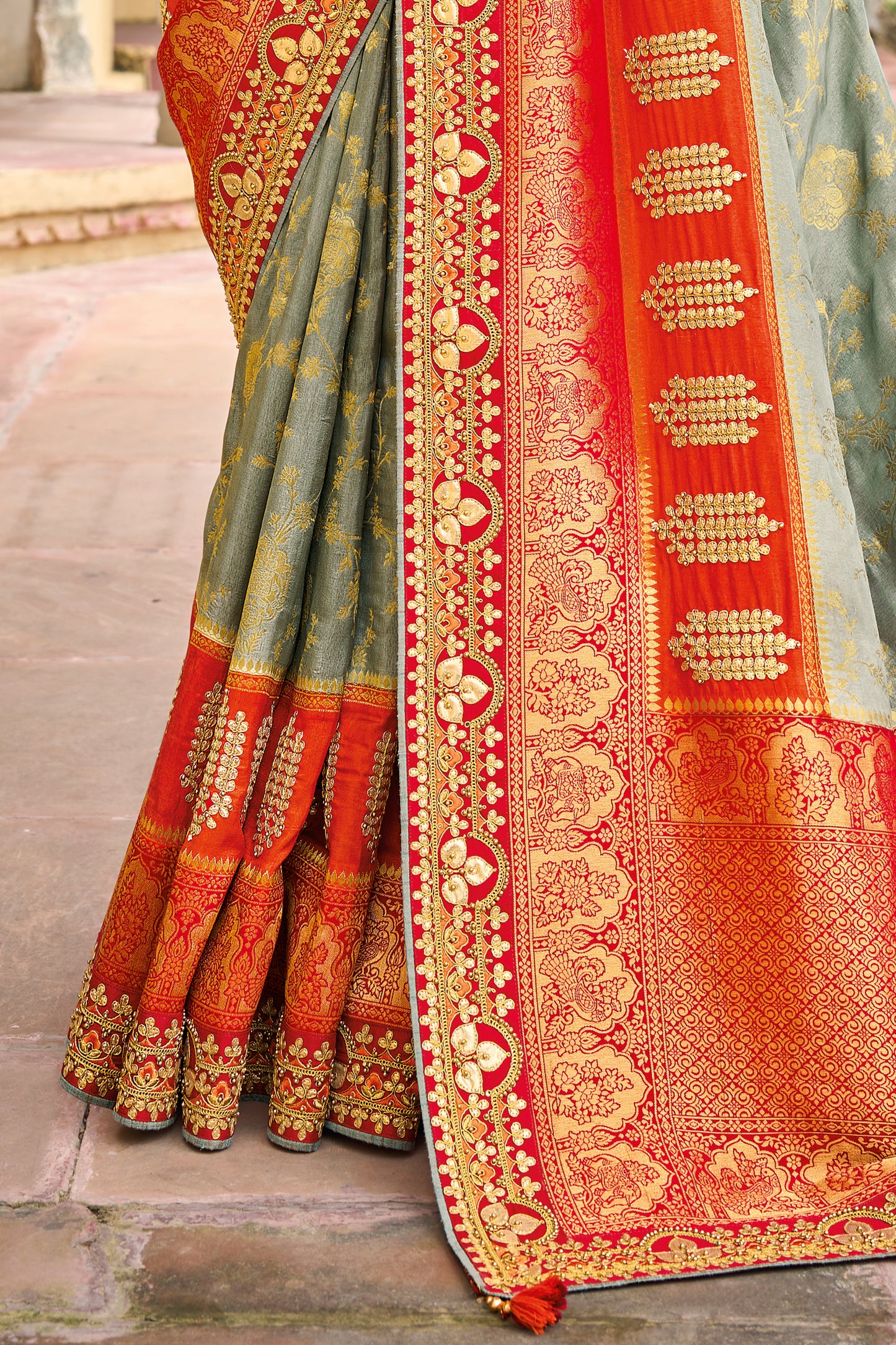 Grey Red  Dola Silk Big Bordered Designer Saree with Embroidered Blouse