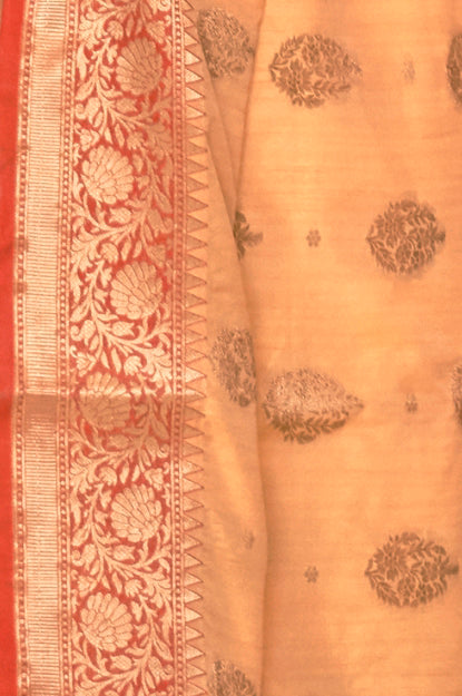 Orange with Red Soft Tussar Silk Saree with Copper Zari Butti