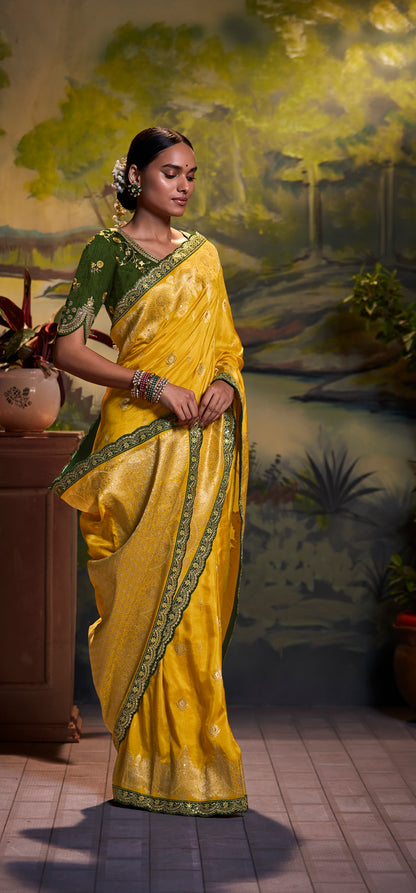 Bright Yellow Woven Banarasi Designer Saree with Henna Green Blouse