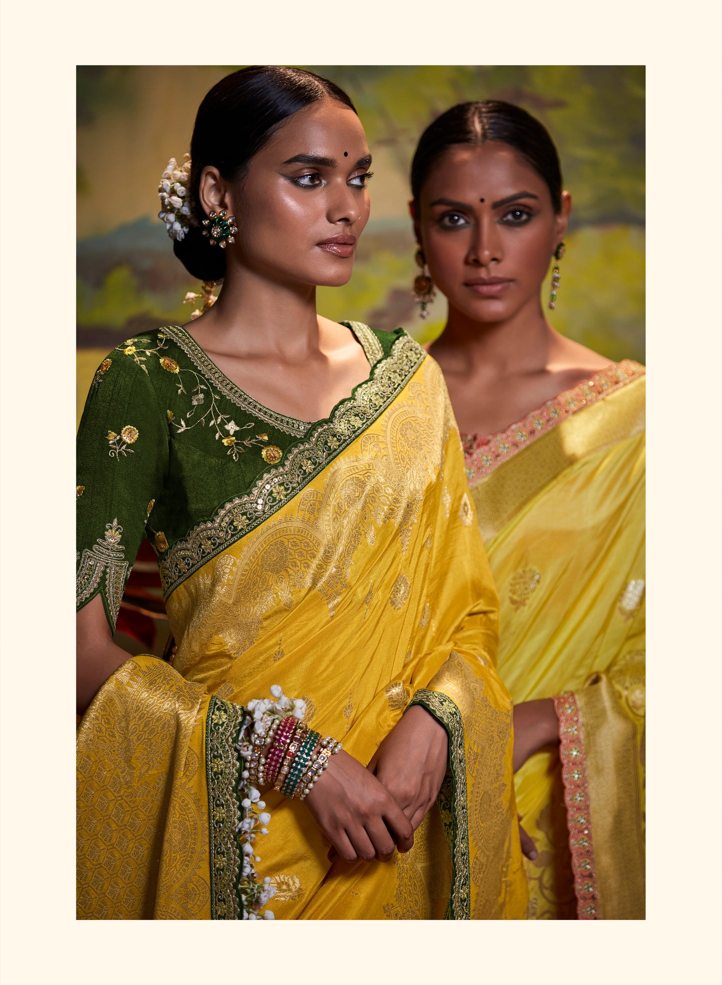 Bright Yellow Woven Banarasi Designer Saree with Henna Green Blouse