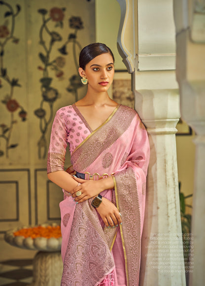 Pure Linen Designer Silk Saree In Pink