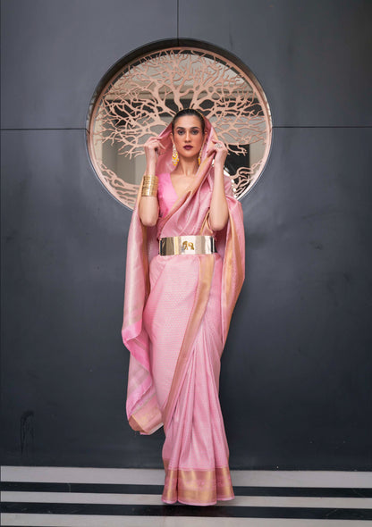 Lemonade Pink Golden Kanjivaram Silk Saree with Antique Finish & Glossy Texture